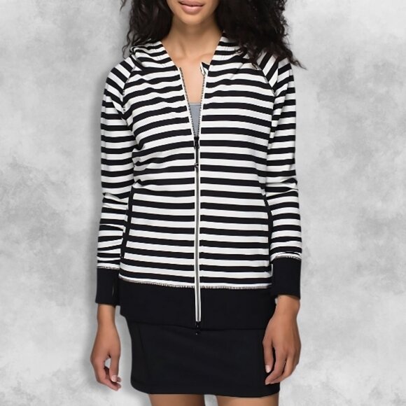 lululemon athletica Tops - Lululemon Striped Pattern Hoodie Full-Length Zipper Front Pocket Black White W L